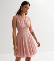 TFNC Pink Chiffon V Neck Mini Wrap Skater Dress